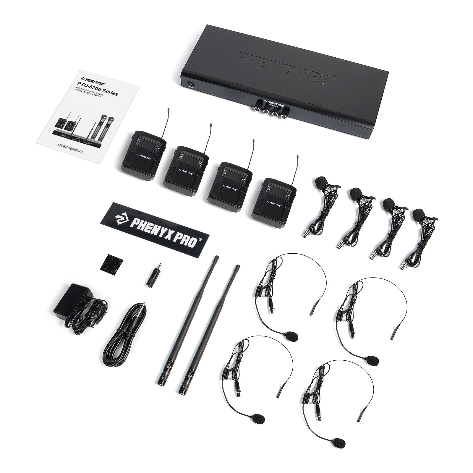PTU-5200-4B - Black - Frequency Hopping Quad Wireless Microphone System - Flat Lay View of Complete Set - Phenyx Pro 