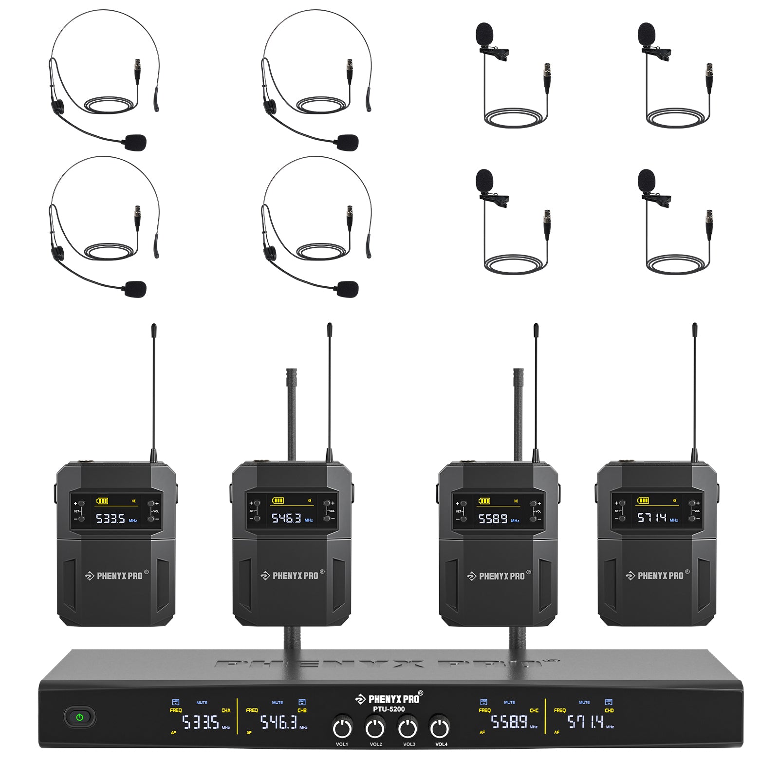 PTU-5200-4B - Black - Frequency Hopping Quad Wireless Microphone System - Front - Phenyx Pro