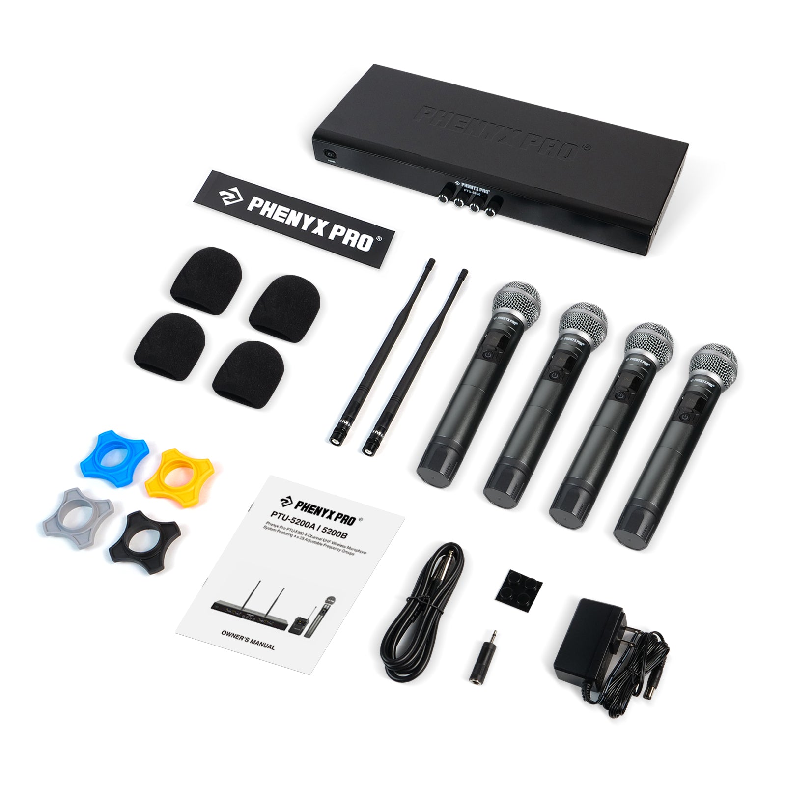 PTU-5200-4H - Black - UHF Frequency Hopping Quad Wireless Microphone System - Flat Lay View of Complete Set - Phenyx Pro