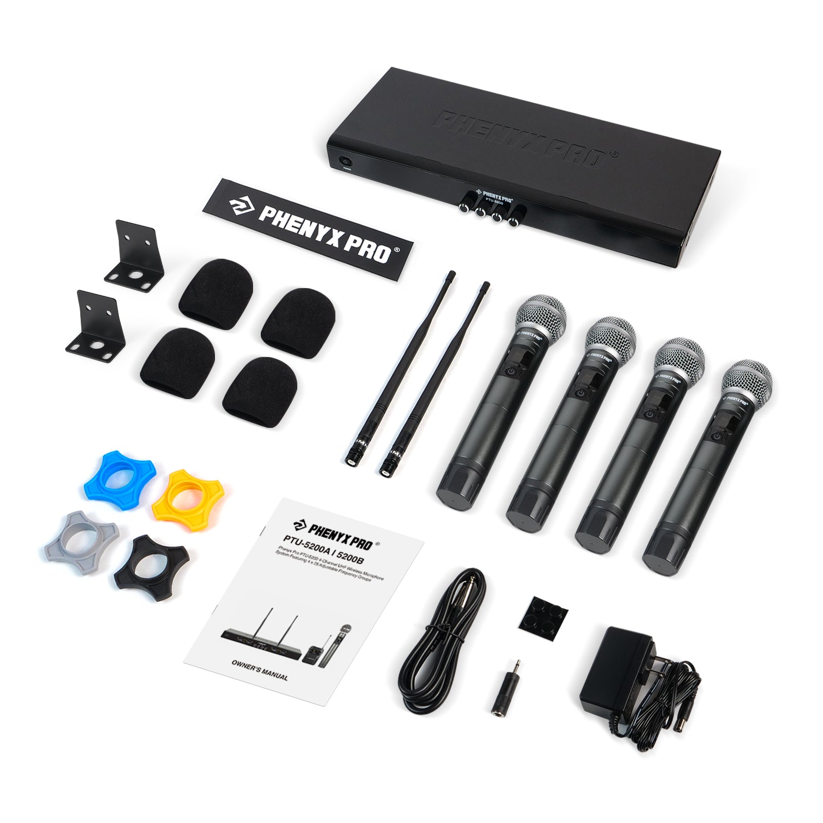 PTU-5200-4H_-_Black_-_UHF_Frequency_Hopping_Quad_Wireless_Microphone_System_-_Flat_Lay_View_of_Complete_Set_-_Phenyx_Pro