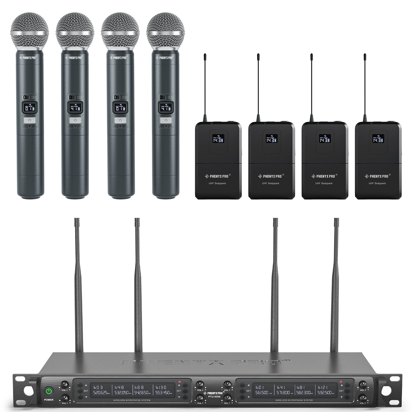 PTU-6000-4H4B - Black - Professional Eight-Channel Auto-Scan Wireless Microphone System - Front - Phenyx Pro