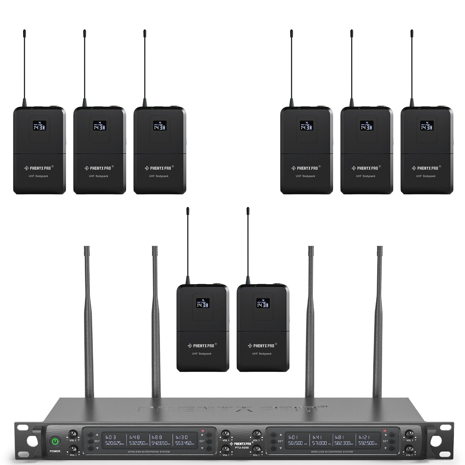 PTU-6000-8B - Black - Professional Eight-Channel Auto-Scan Wireless Microphone System - Front - Phenyx Pro