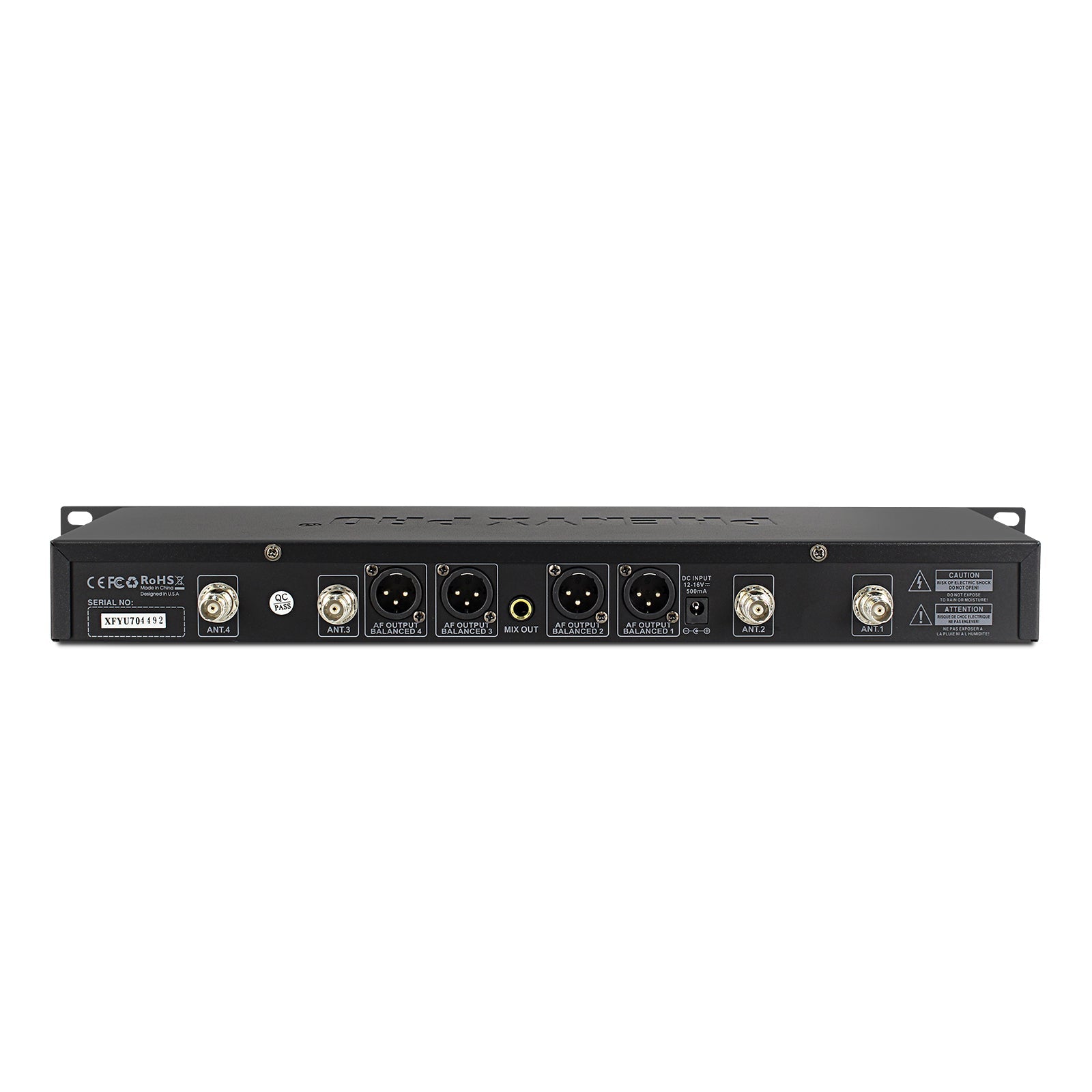 PTU-7000-2H2B - Black - Quad-Channel Auto-Scan Wireless Microphone System Receiver - Rear - Phenyx Pro