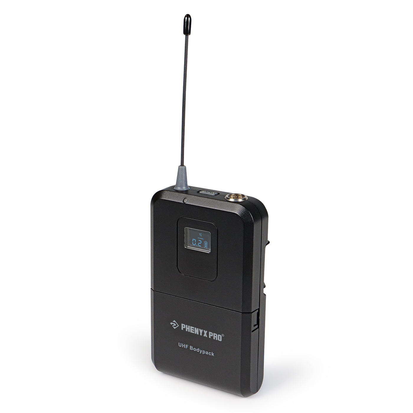 PTU-7000-2H2B - Black - UHF Wireless Bodypack Transmitter- Front-Side - Phenyx Pro
