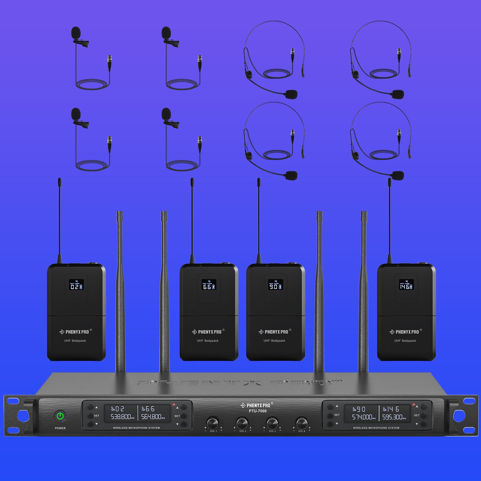 PTU-7000 | Quad UHF Wireless Microphone System w/ Auto-Scan (4H/4B/2H2B)