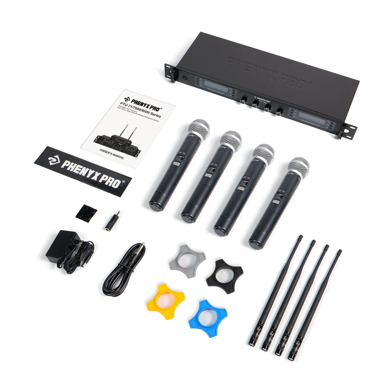 PTU-7000-4H - Black - Professional Quad-Channel Auto-Scan Wireless Microphone System - Flat Lay View of Complete Set - Phenyx Pro