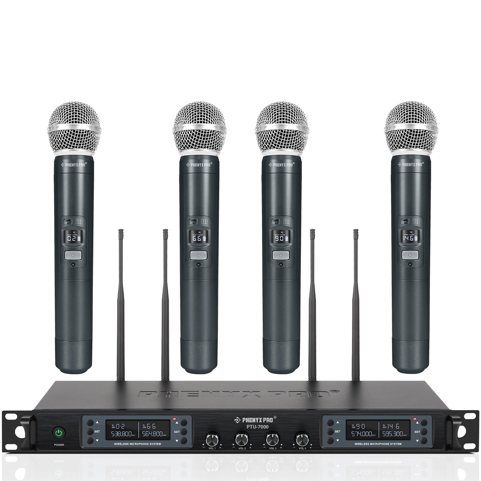 PTU-7000-4H - Black - Professional Quad-Channel Auto-Scan Wireless Microphone System - Front - Phenyx Pro