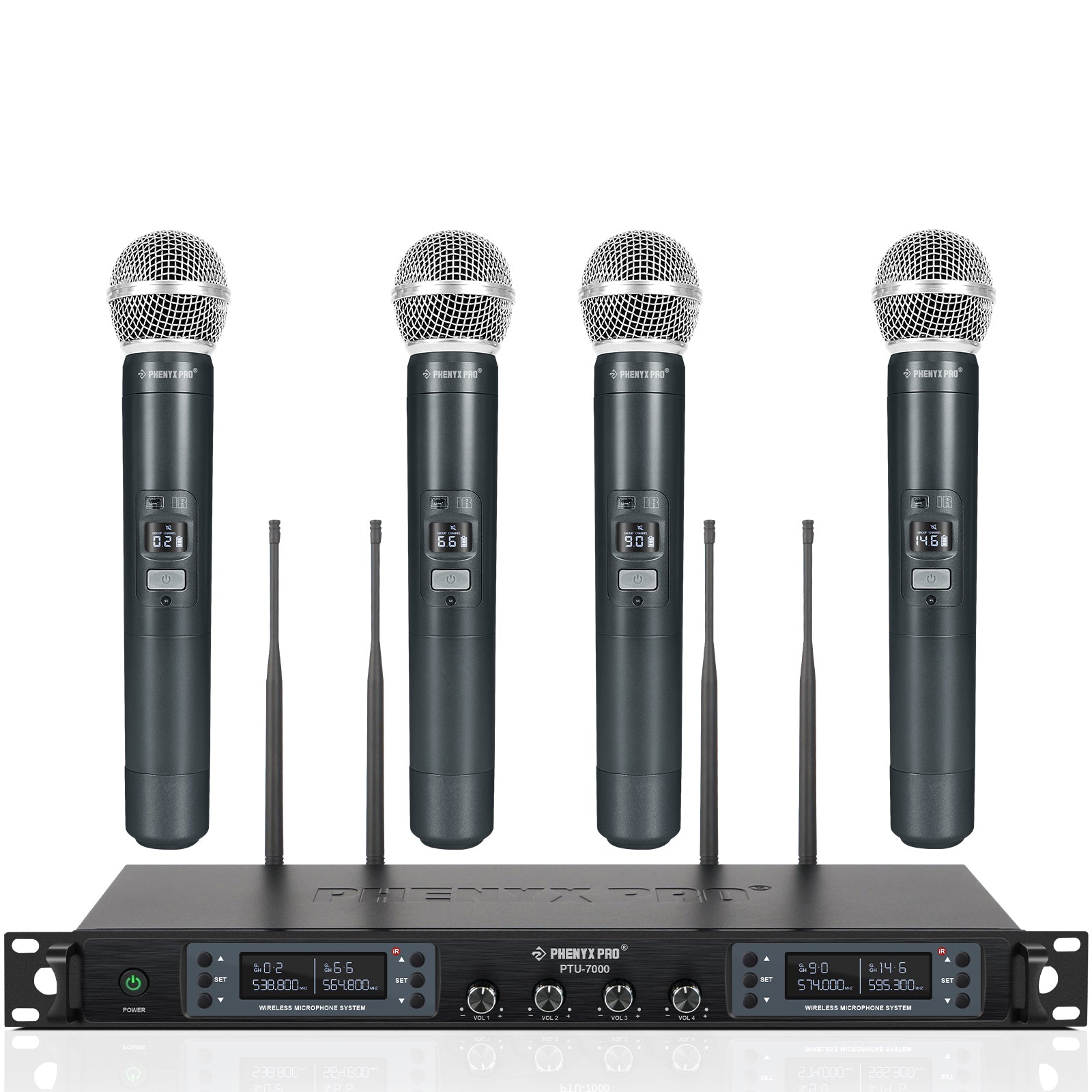 PTU-7000 | Quad UHF Wireless Microphone System w/ Auto-Scan (4H/4B/2H2B)