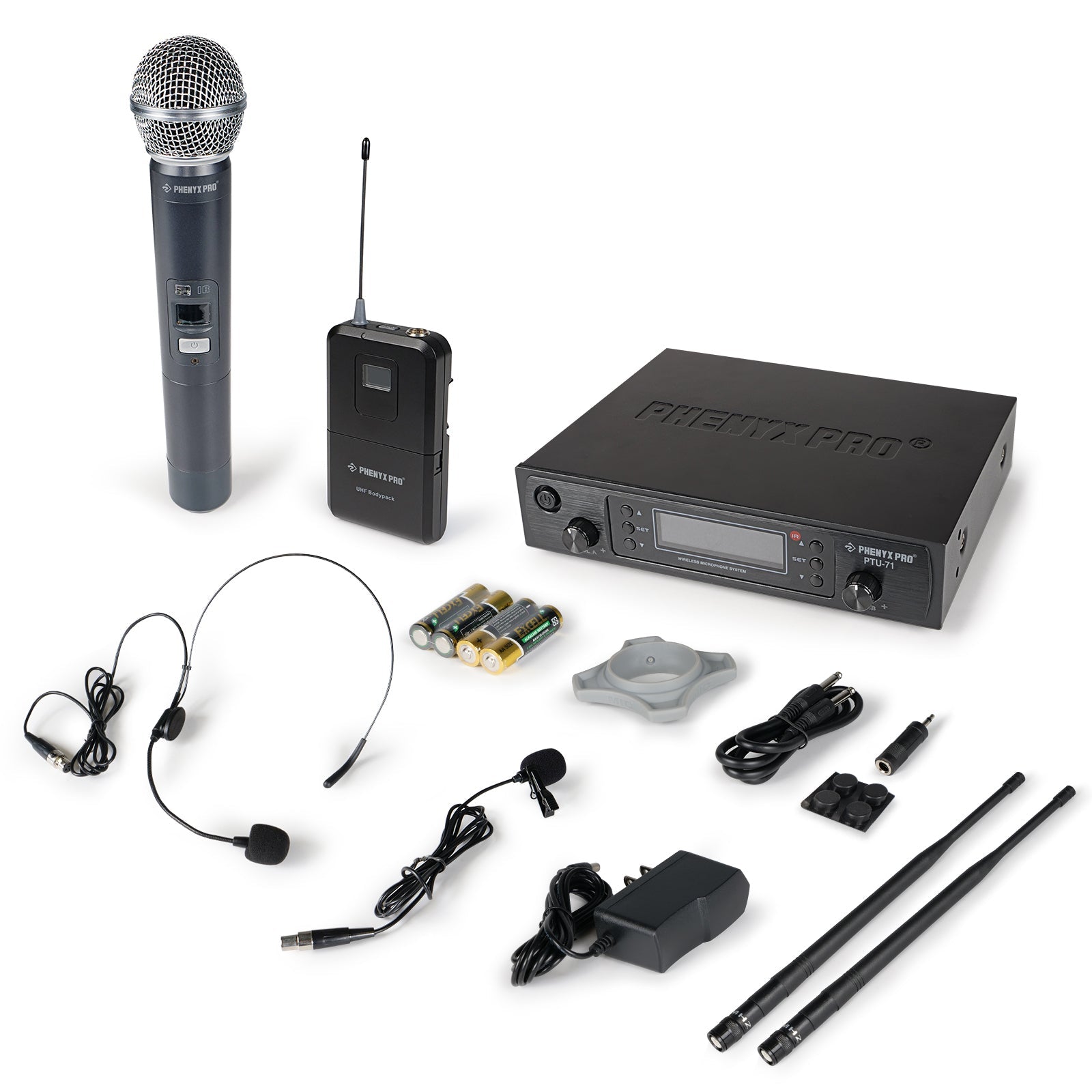 PTU-71-1H1B - Black - Professional Dual-Channel Auto-Scan Wireless Microphone System - Flat Lay View of Complete Set - Phenyx Pro