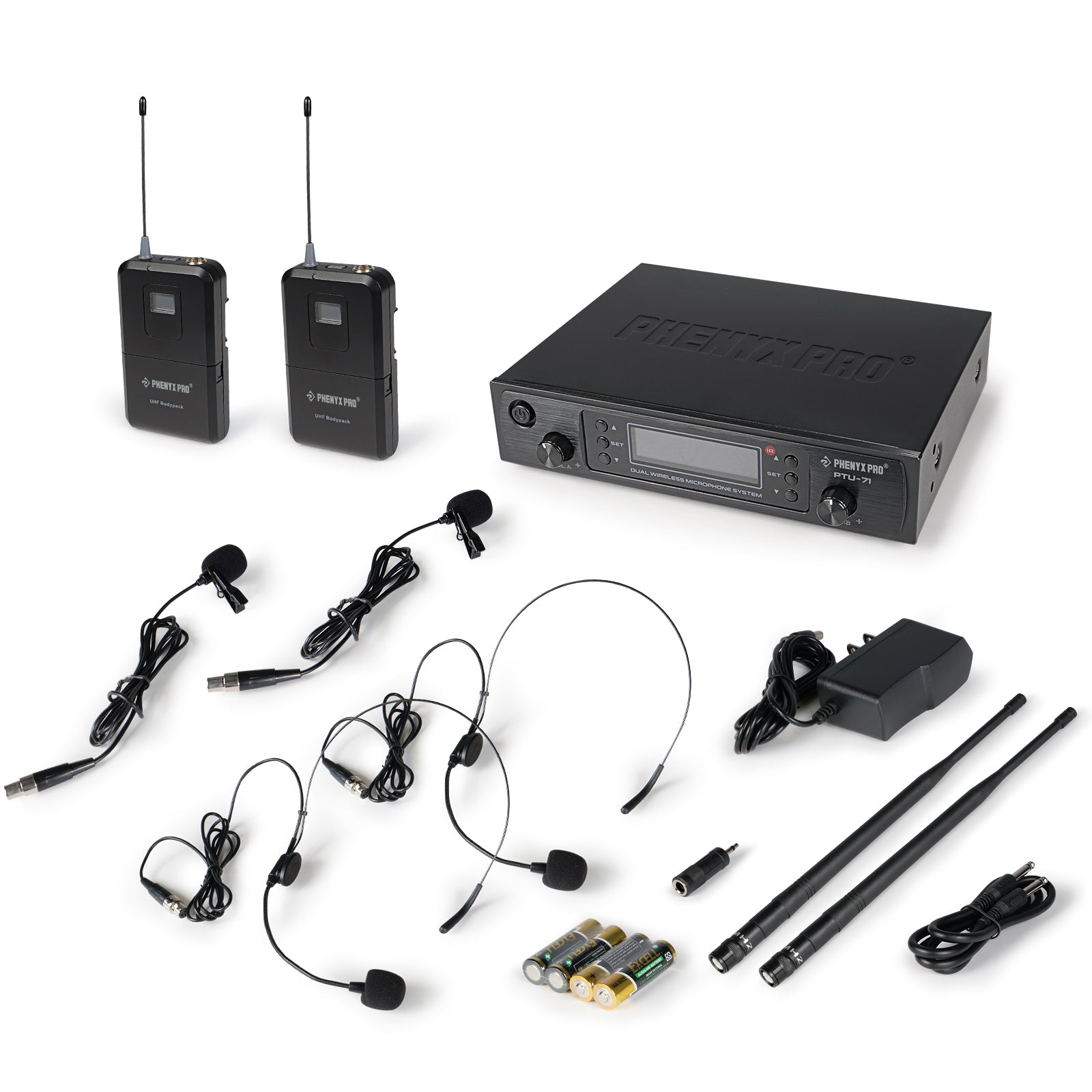 PTU-71-2B - Black - Professional Dual-Channel Auto-Scan Wireless Microphone System - Flat Lay View of Complete Set - Phenyx Pro