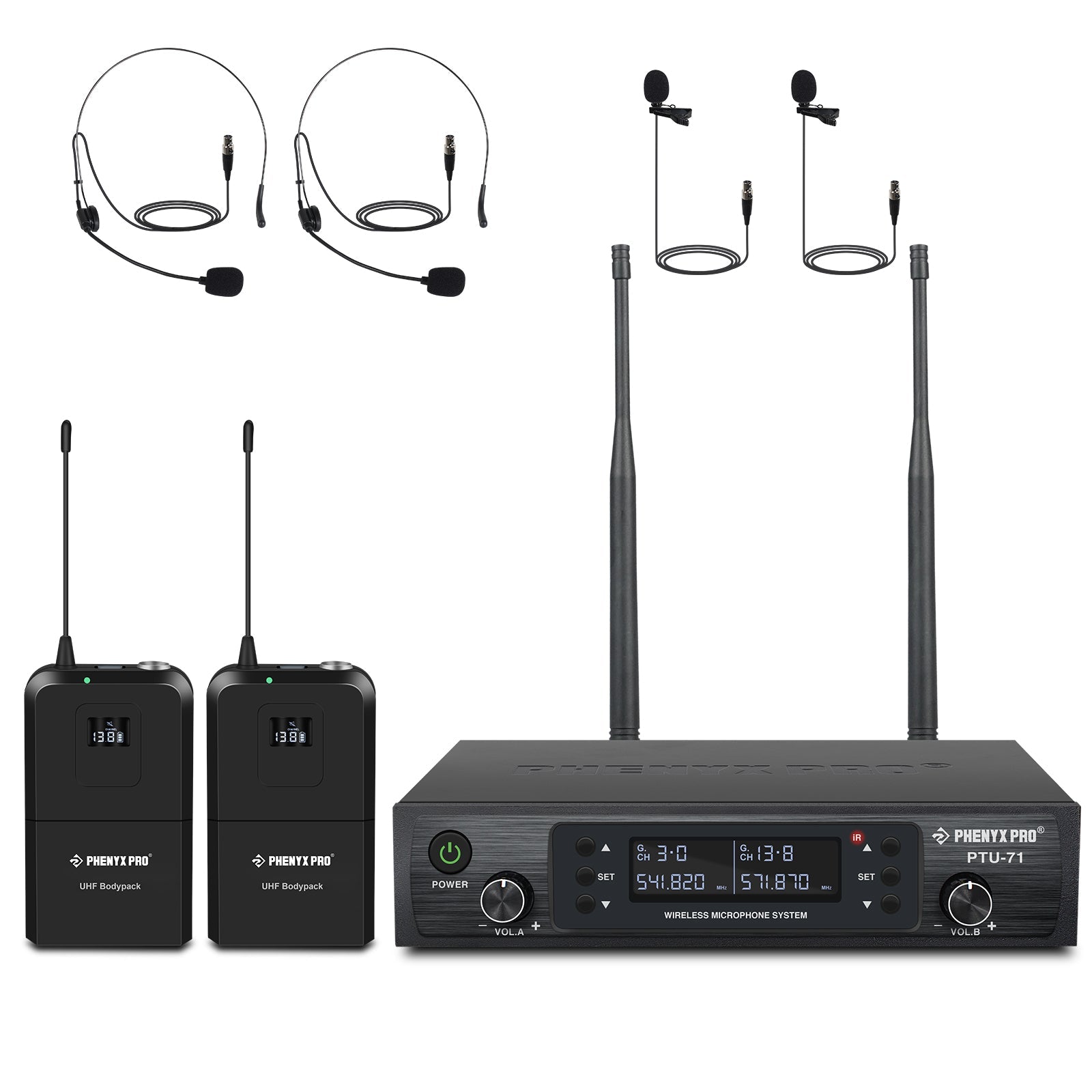 PTU-71-2B - Black - Professional Dual-Channel Auto-Scan Wireless Microphone System - Front - Phenyx Pro