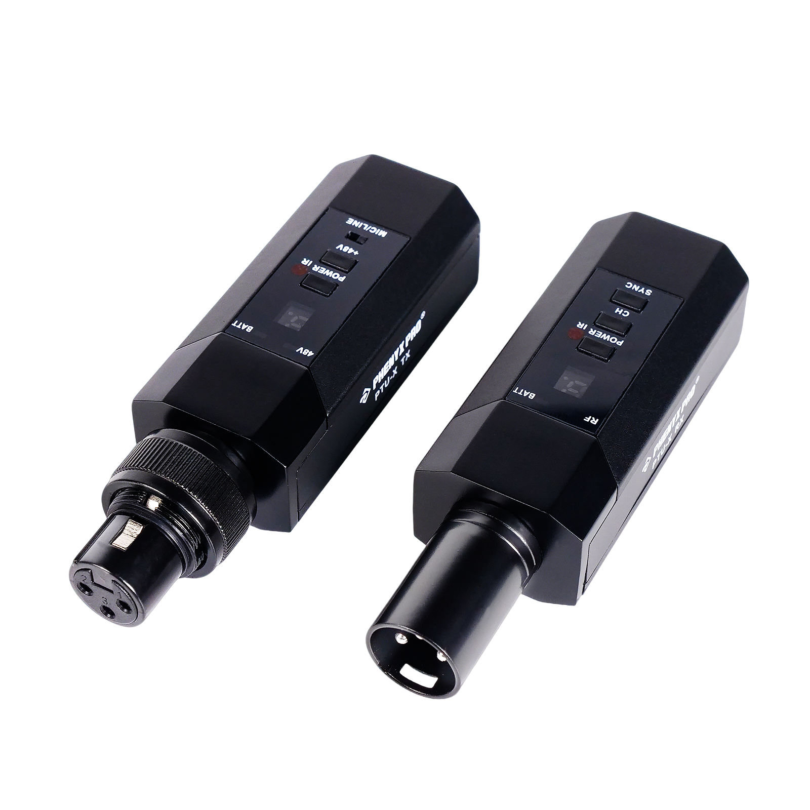 PTU-X - Black - Plug-on XLR Wireless Transmitter Receiver System - Side-Angle - Phenyx Pro