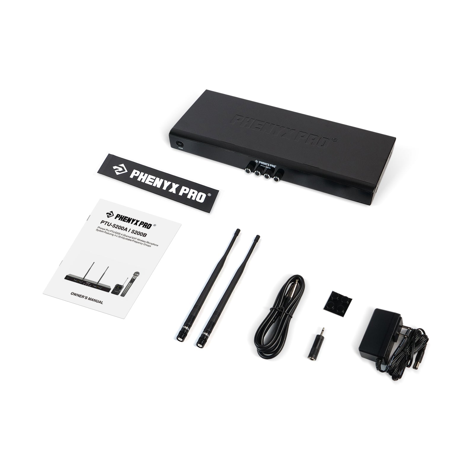 PWR-5200 - Black - 4-Channel Wireless Receiver for PTU-5200 Wireless Microphone System - Flat Lay View of Complete Set - Phenyx Pro 