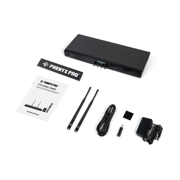 PWR-5200 - Black - 4-Channel Wireless Receiver for PTU-5200 Wireless Microphone System - Flat Lay View of Complete Set - Phenyx Pro 
