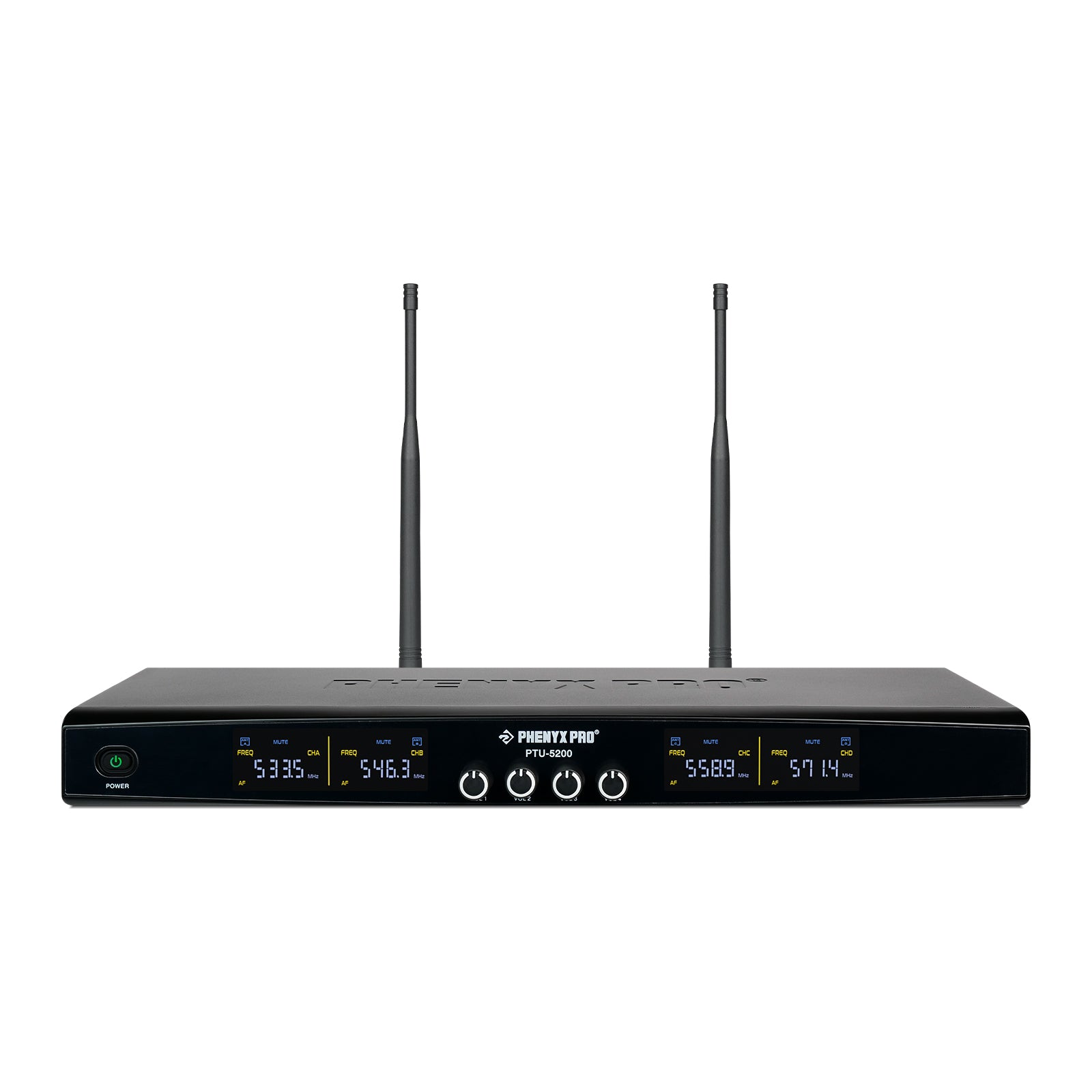 PWR-5200 - Black - 4-Channel Wireless Receiver for PTU-5200 Wireless Microphone System - Front - Phenyx Pro 