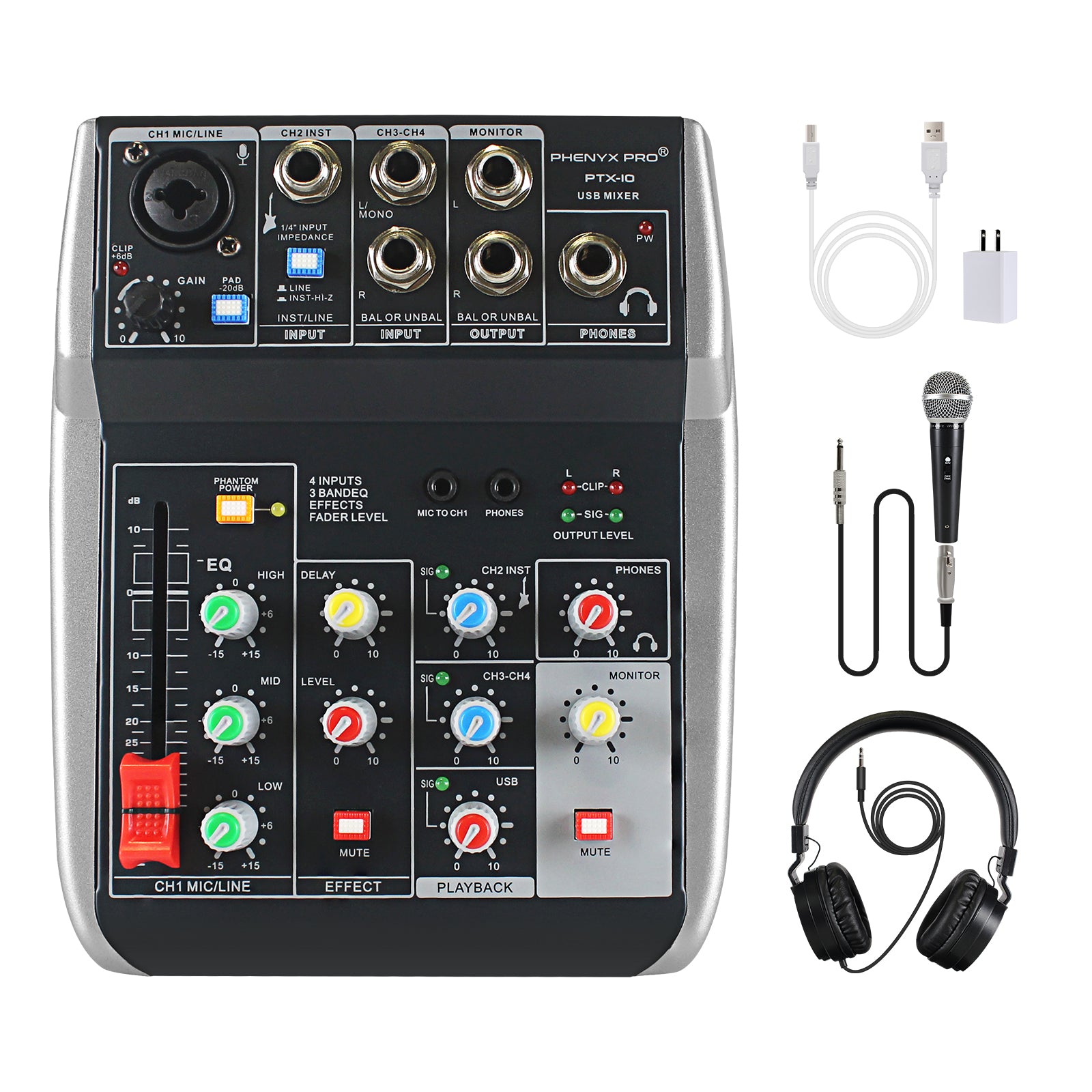 Phenyx Pro PTX-10B USB Interface Audio Mixer Bundle w/Dynamic Mic + Stereo Headphone + XLR Cable