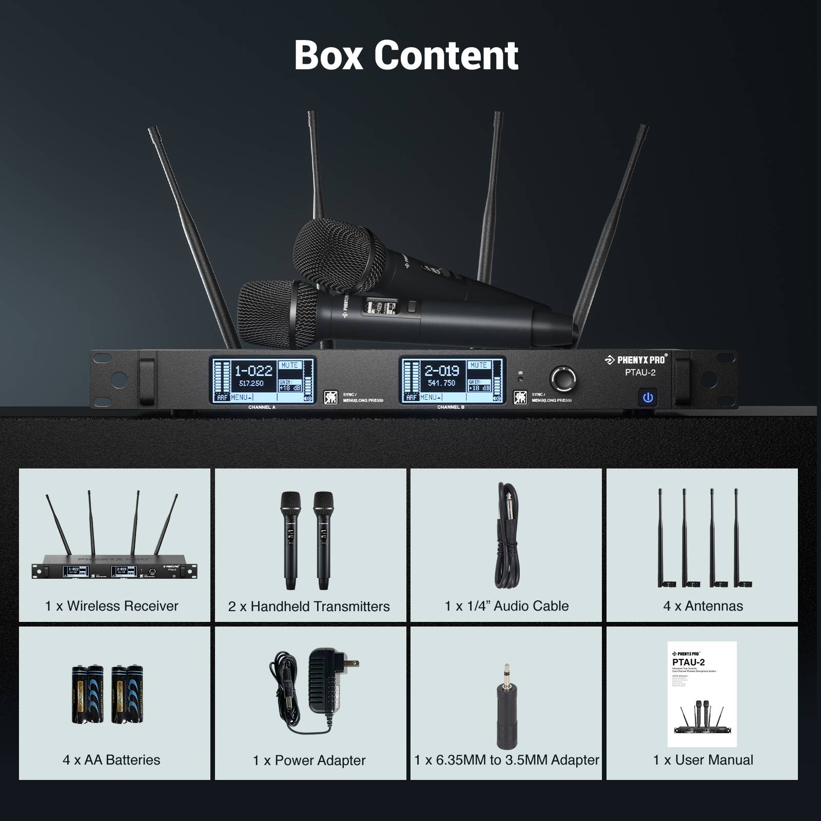 PTAU-2 | Dual-Channel Wireless Dynamic Mic System w/ Spectrum Analyzer