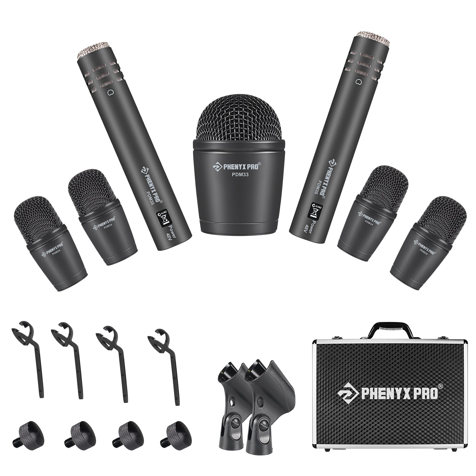 Phenyx Pro PTD-10 7-Piece Drum Instrument Microphone Kit, All Metal Wired Dynamic Cardioid Mic