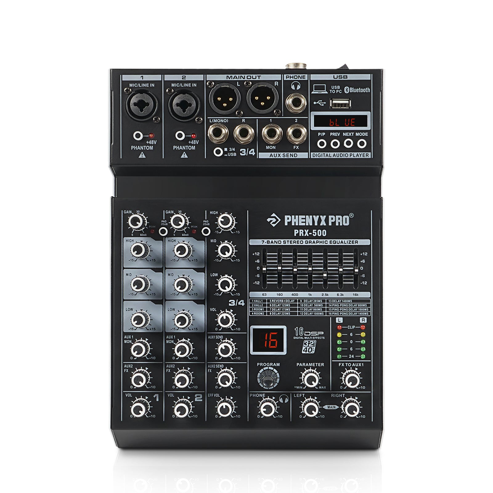 PRX-500 | 4-Channel Audio Mixer w/ 16 DSP Effects