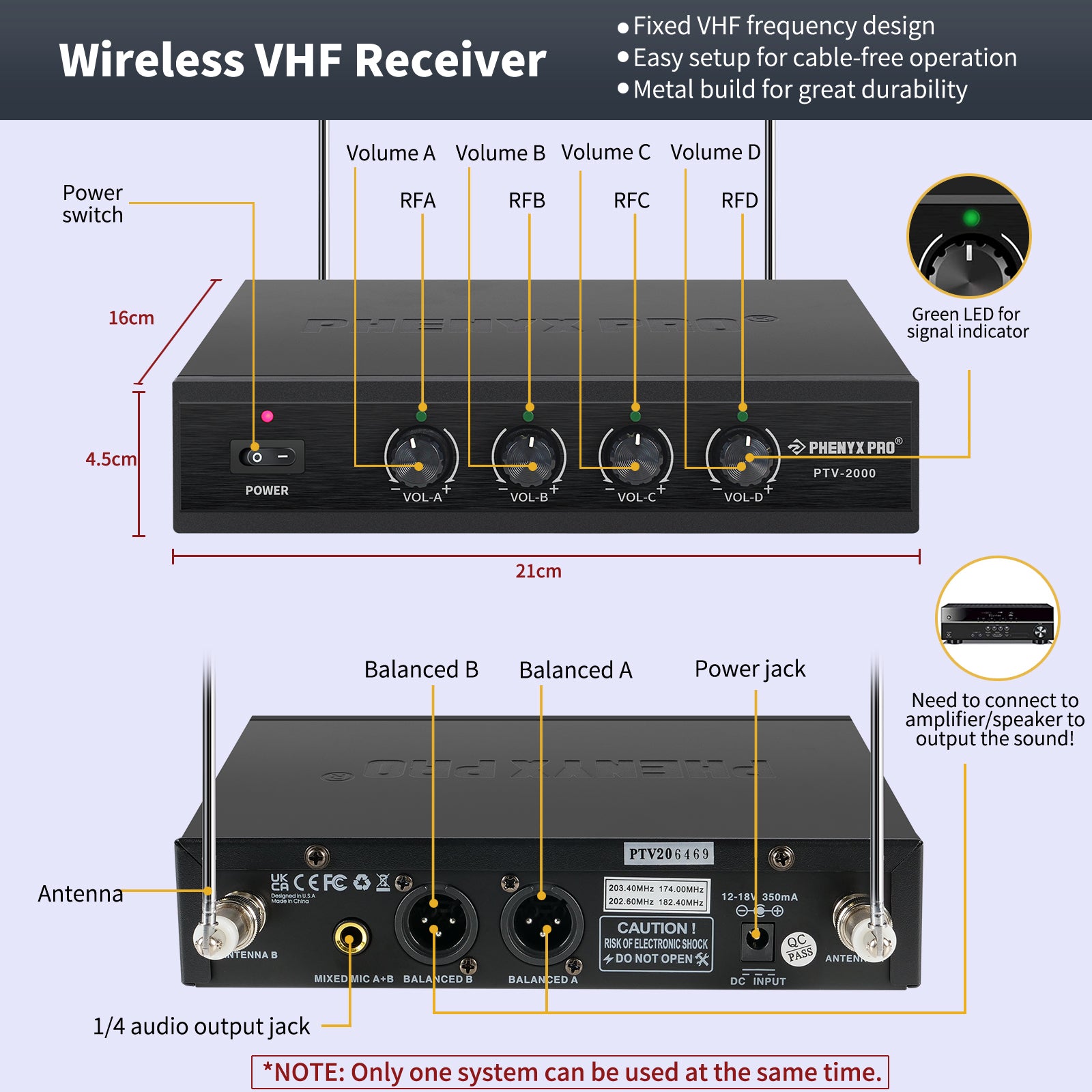 Phenyx Pro PTV-2000A Quad-Channel VHF Handheld Wireless Microphone System, portable high-quality versatile wireless microphone receiver