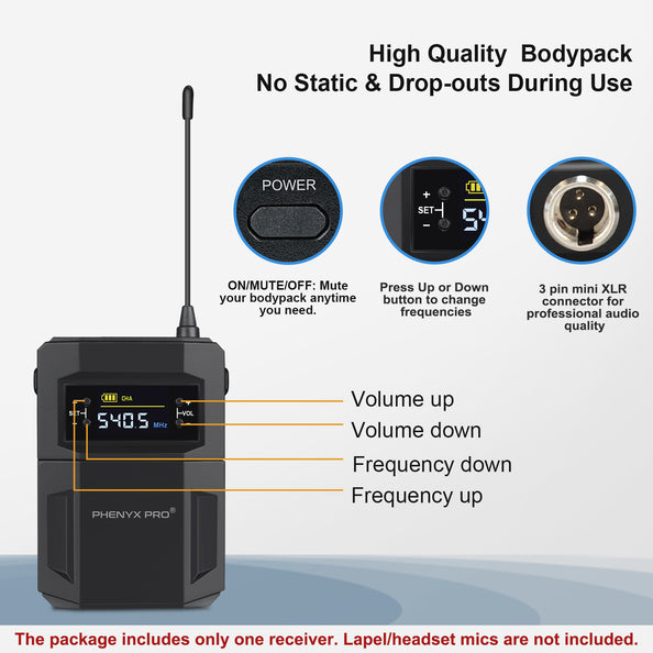 Phenyx Pro Wireless UHF BodyPack Transmitter Compatible With Receiver PTU-52