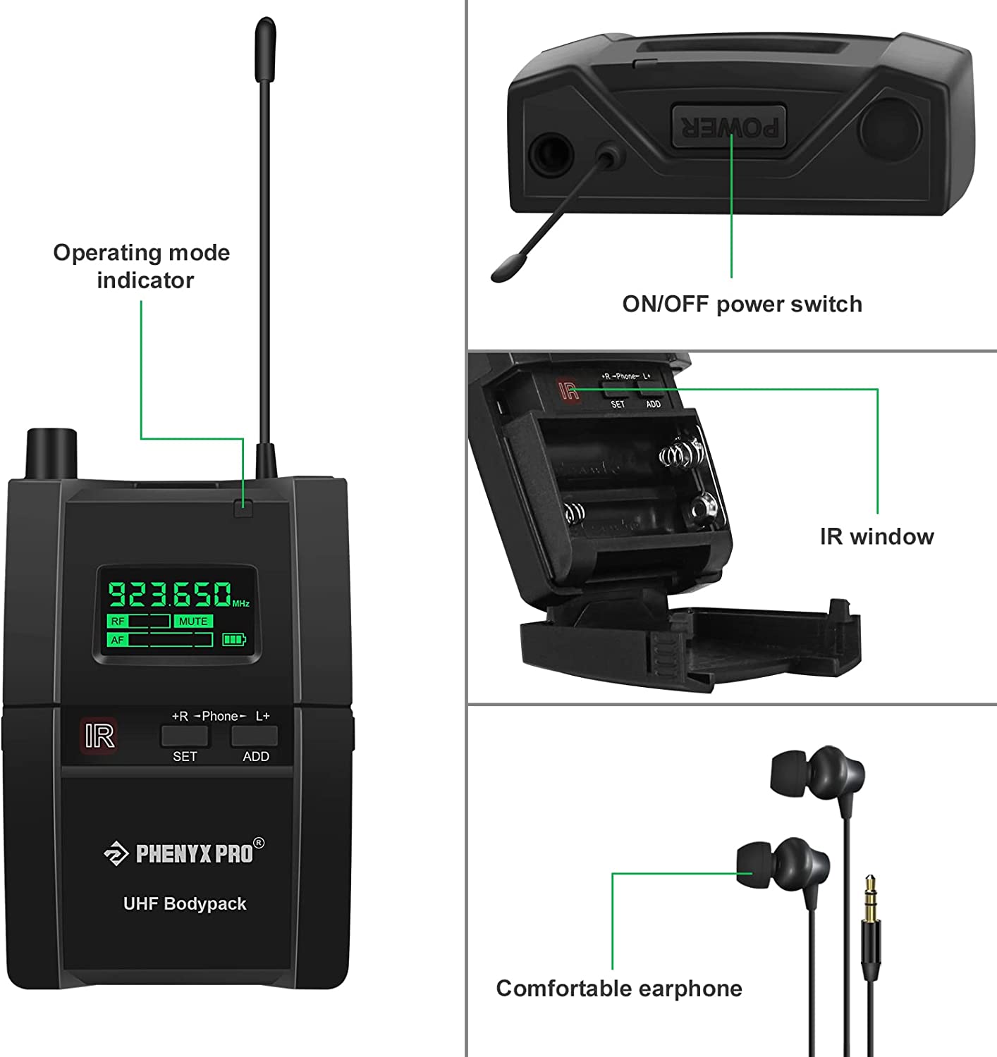 Phenyx Pro UHF Stereo Wireless In Ear Monitor System Bodypack Receiver Compatible With PTM-10