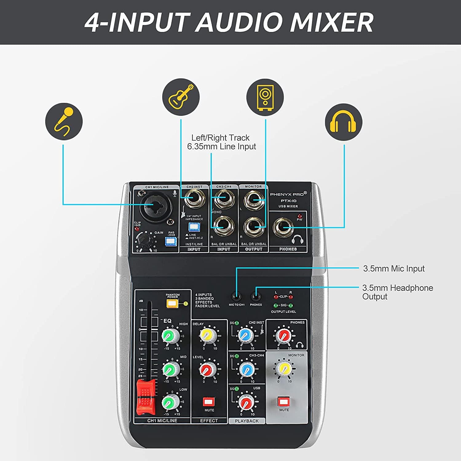 Phenyx Pro PTX-10A 4-input USB Mixer, mixer connection compatible with wired microphone, guitar, 3.5mm headphone