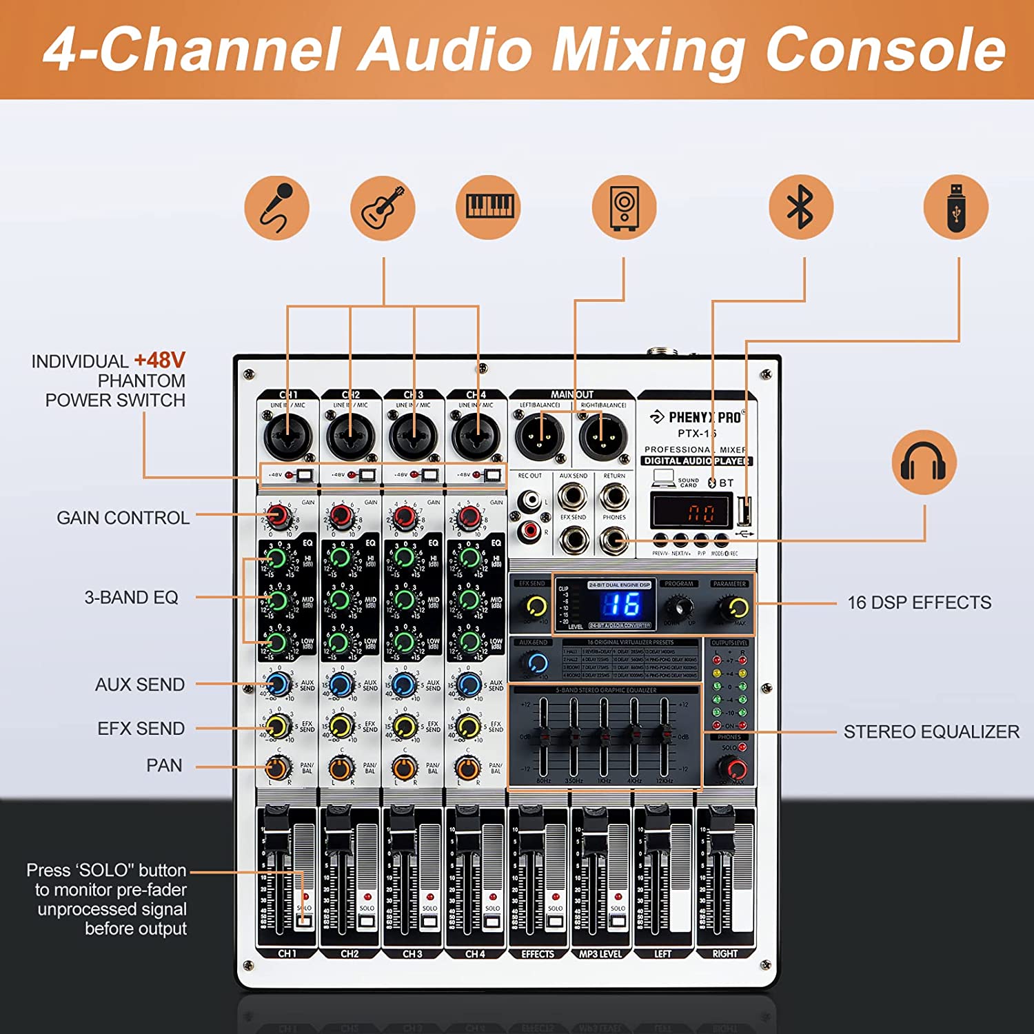 Phenyx Pro PTX-15 Soundboard with Graphic Equalizer, 4 Channels, USB Input, 16 Echo Effects