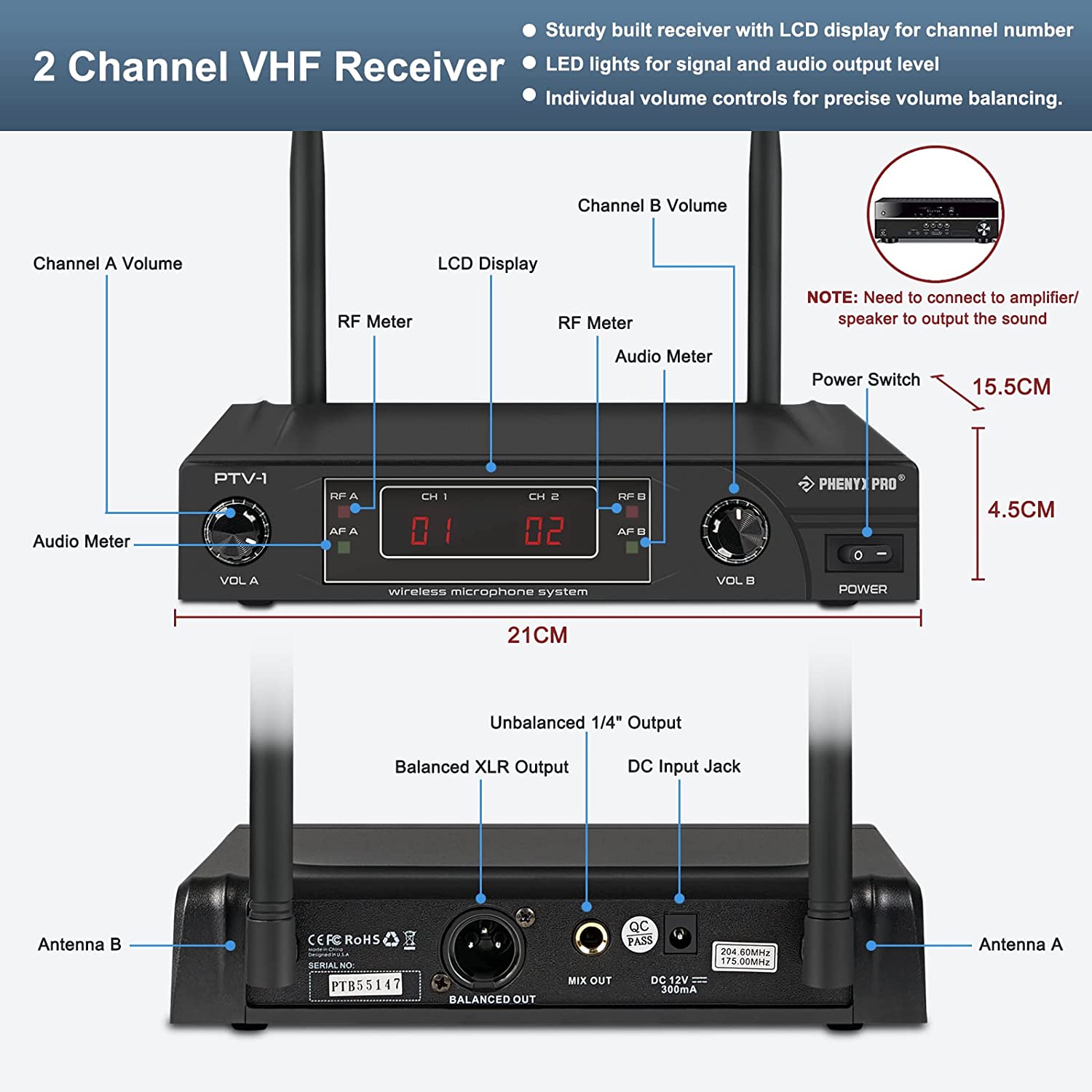 Phenyx Pro PTV-1B Dual VHF Wireless Microphone System, portable high-quality versatile wireless microphone receiver