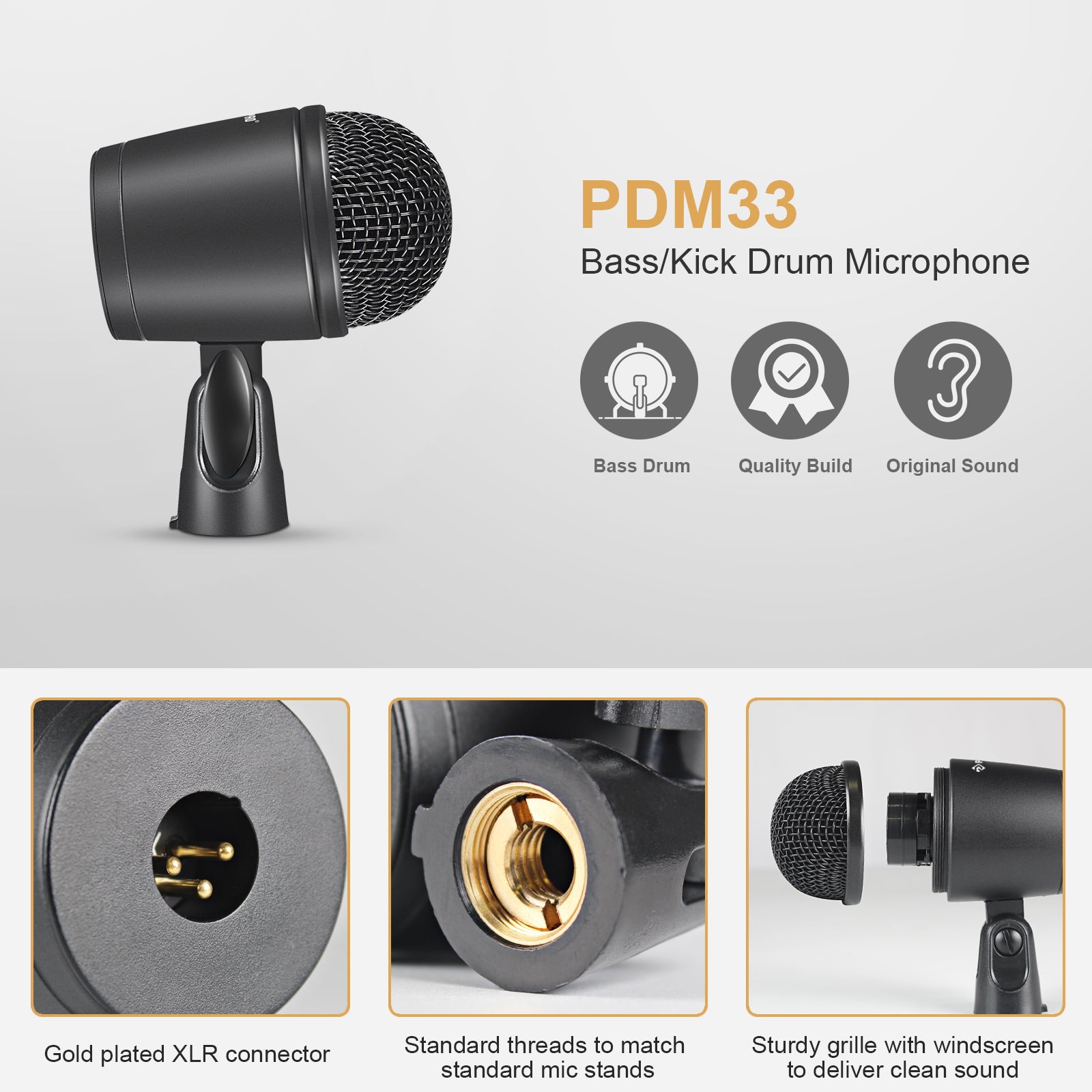 Phenyx Pro PTD-10 7-Piece Drum Instrument Microphone Kit, PDM33 Gold plated xlr connector bass/kick durm microphone
