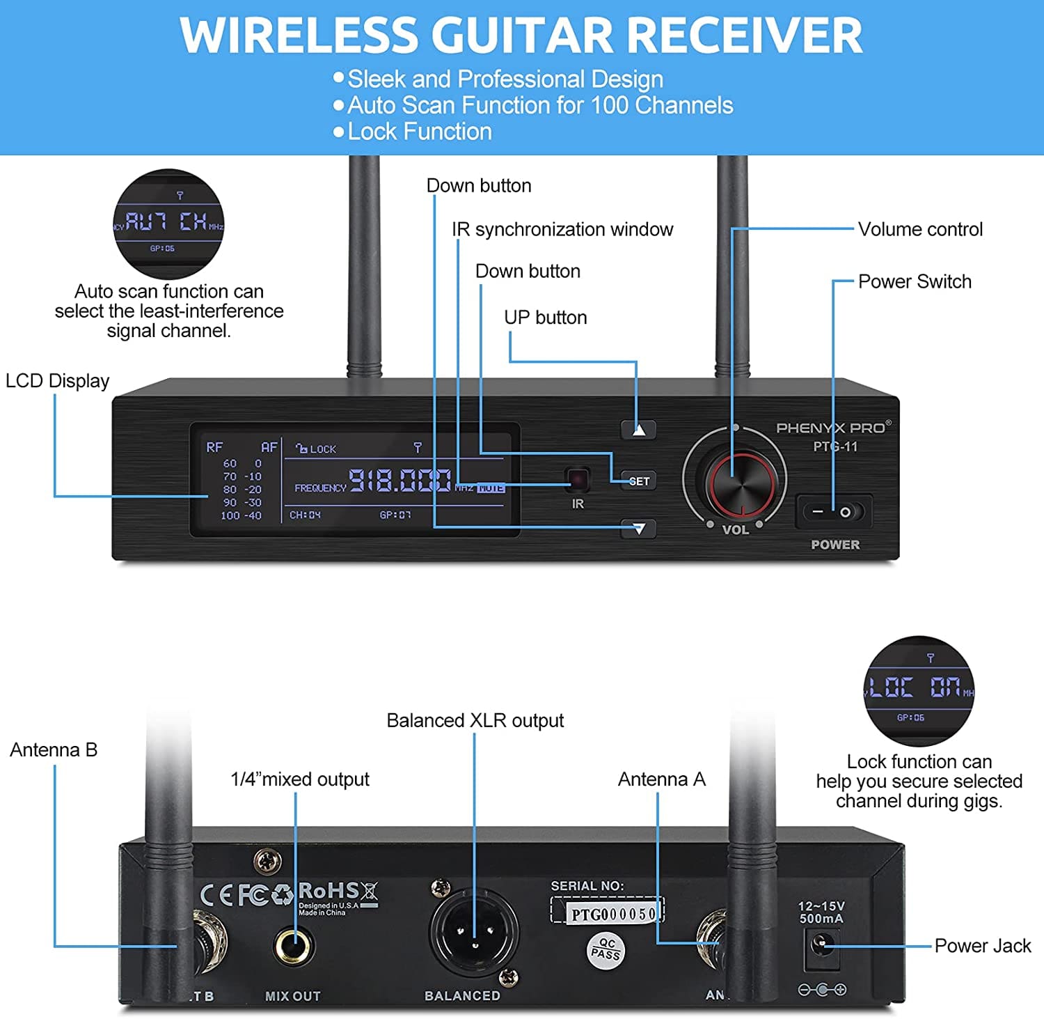 Phenyx Pro PTG-11 UHF True Diversity Wireless Guitar System, Auto scan function receiver with balanced XLR output