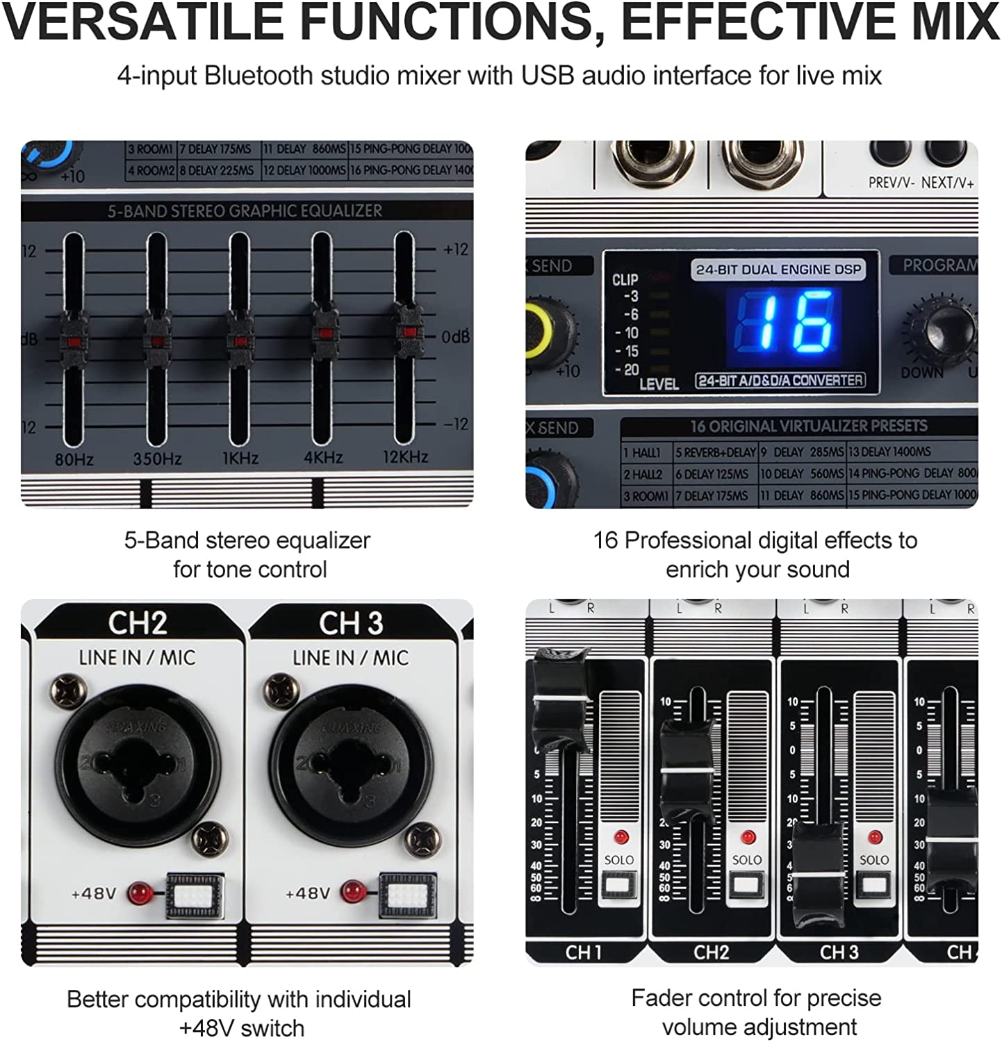 Phenyx Pro PTX-15 Mixing Console, 4 Channels, USB Input, Stereo Equalizer w/ 16 Echo Effects