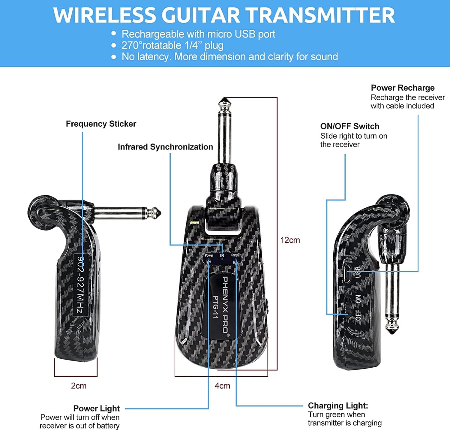 Phenyx Pro PTG-11 UHF True Diversity Wireless Guitar System, No latency guitar transmitter with more dimension and clarity sound