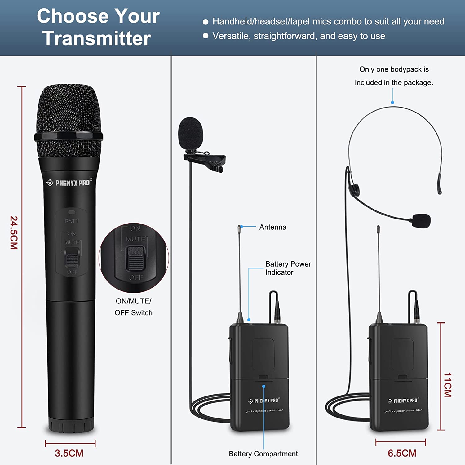 Phenyx Pro PTV-1B Dual VHF Wireless Microphone System, easy to use fixed frequency wireless microphone