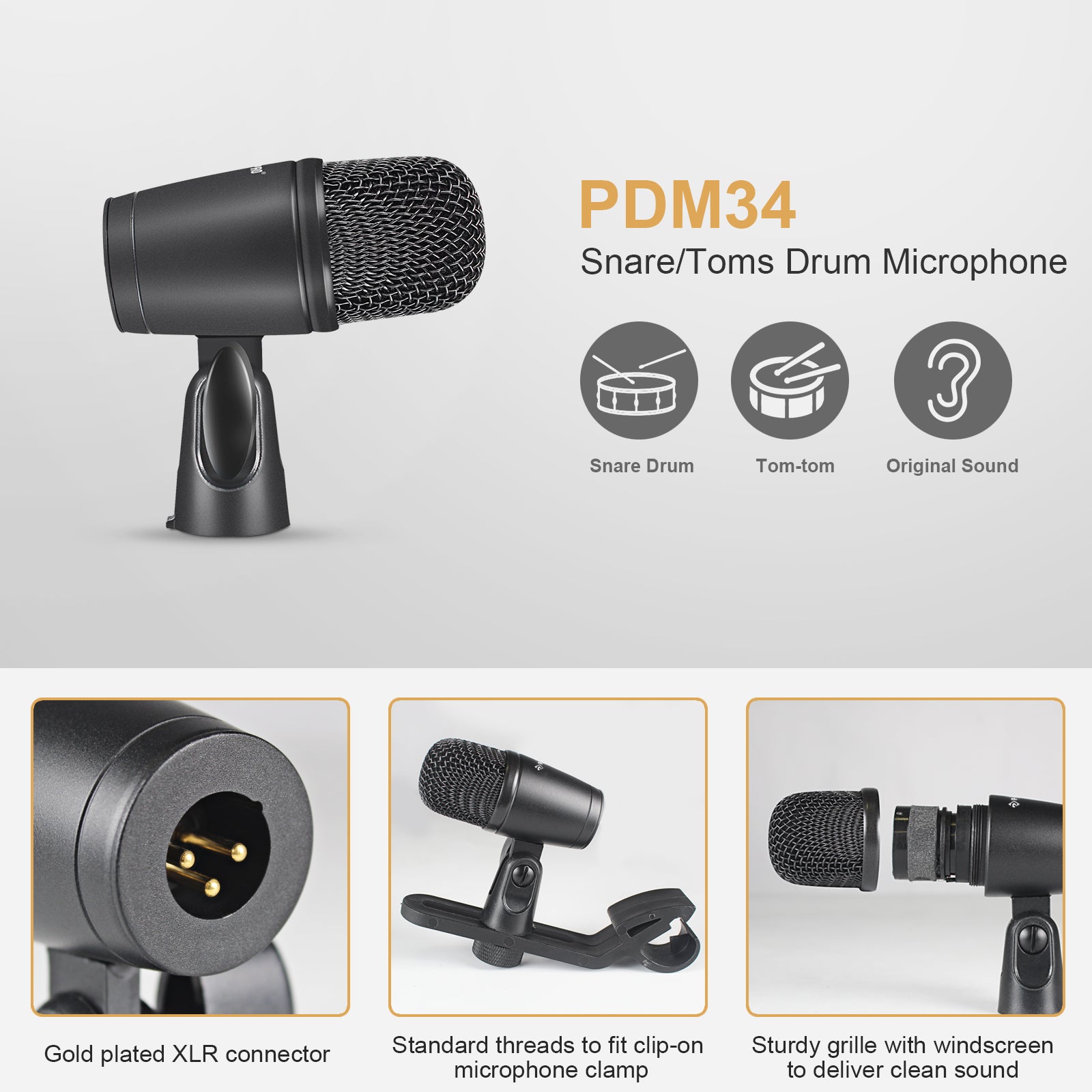 Phenyx Pro PTD-10 7-Piece Drum Instrument Microphone Kit, PDM34 Gold plated xlr connector snare/toms drum microphone