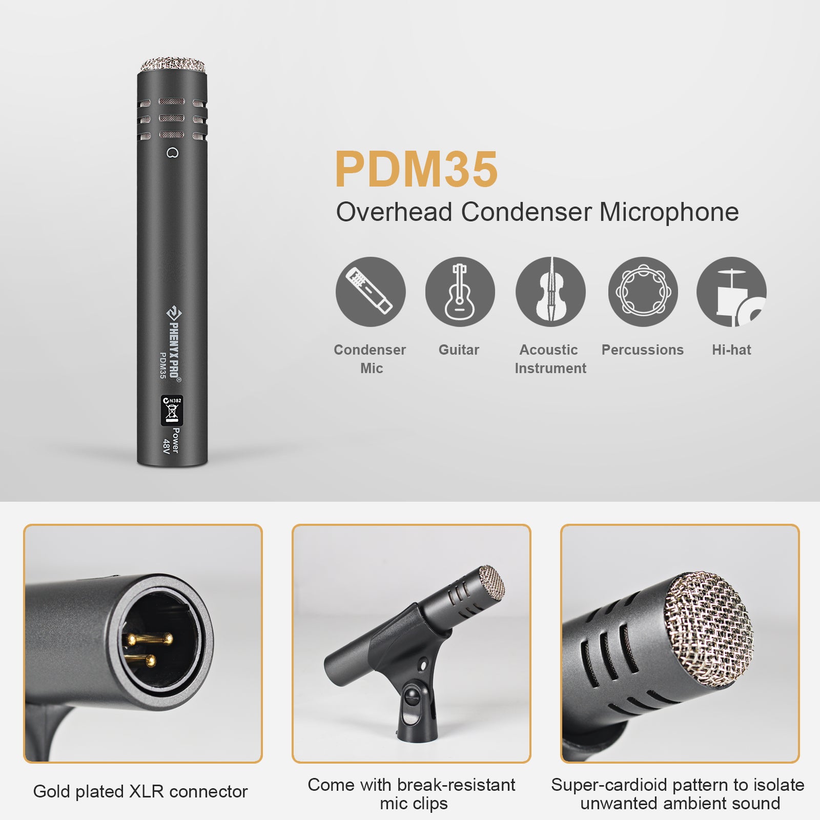 Phenyx Pro PTD-10 7-Piece Drum Instrument Microphone Kit, PDM35 Gold plated xlr connector condenser microphone