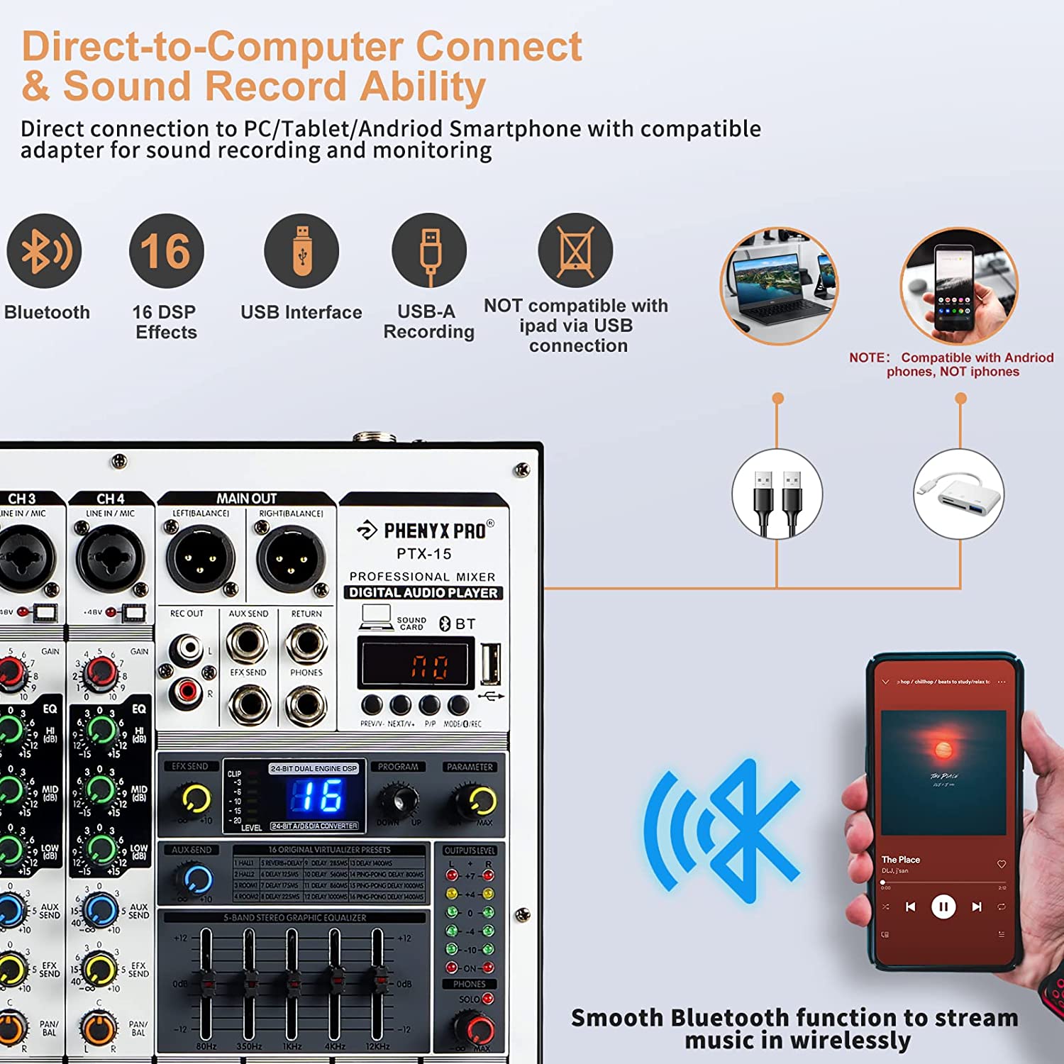 Phenyx Pro PTX-15 Mixing Console, 4 Channels, USB Input, Stereo Equalizer w/ 16 Echo Effects