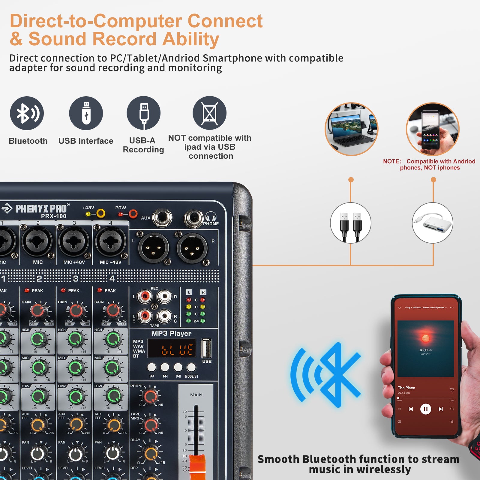 Phenyx Pro PRX-100 Audio Mixer, ideal for studio rehearsal, vlog/Tik Tok/YouTube video, podcasting and music recording