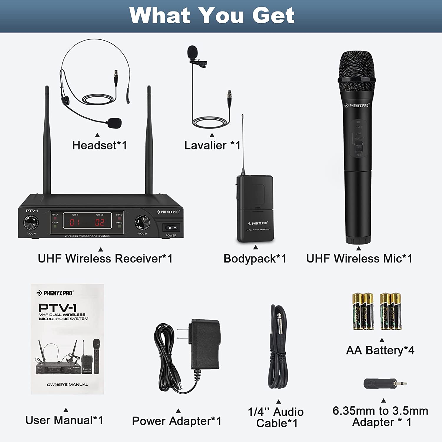Phenyx Pro PTV-1B Dual VHF Wireless Microphone System, come with handheld mic, headset/lapel mic and bodypack