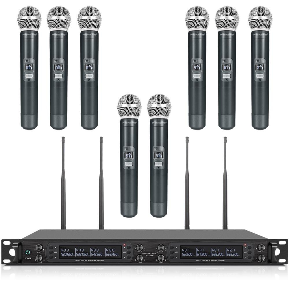 Phenyx Pro top quality PTU-6000A 8-Channel wireless microphone system UHF cardioid dynamic eight handheld mics