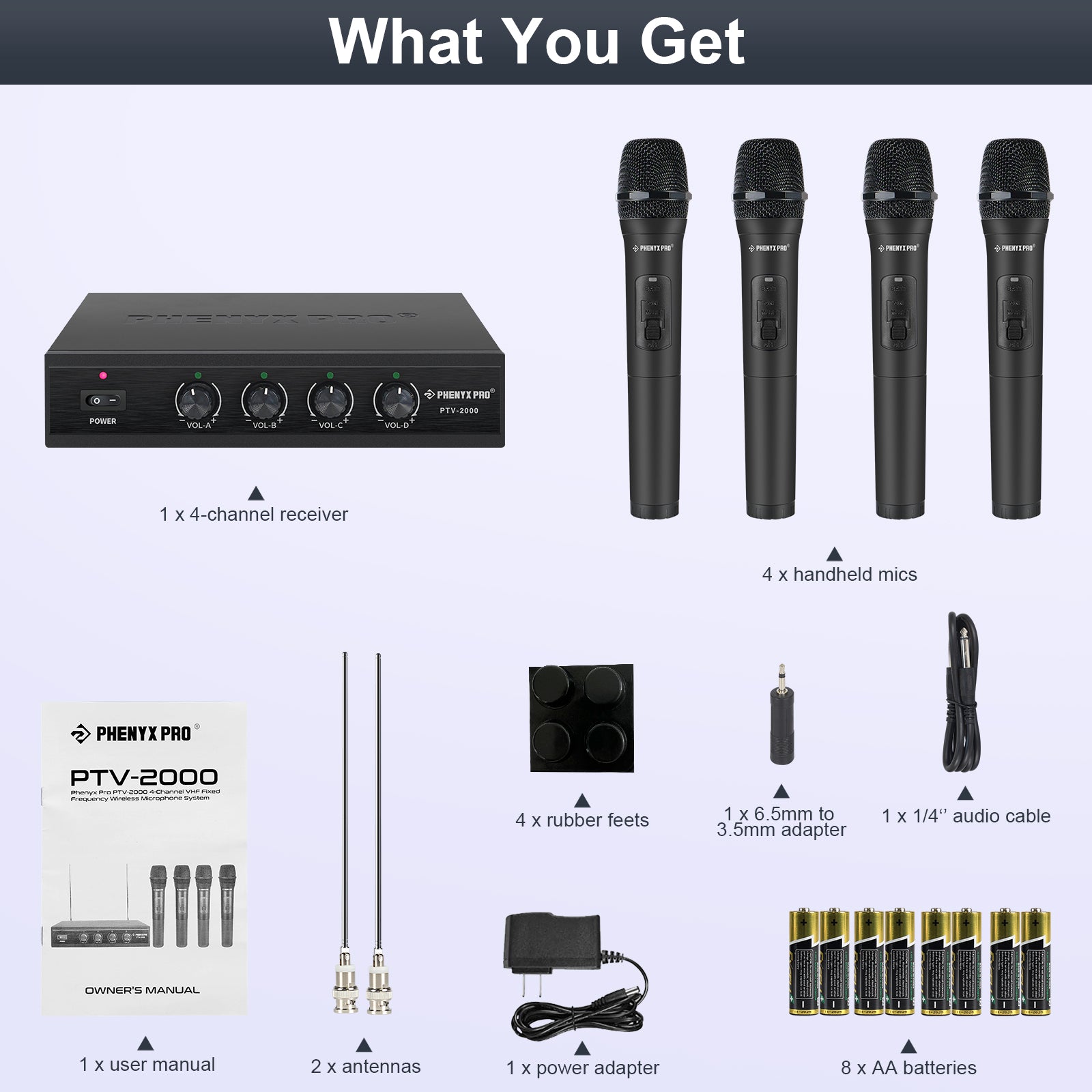 Phenyx Pro PTV-2000A Quad-Channel VHF Wireless Microphone System, come with 4 handheld mics and BNC antenna
