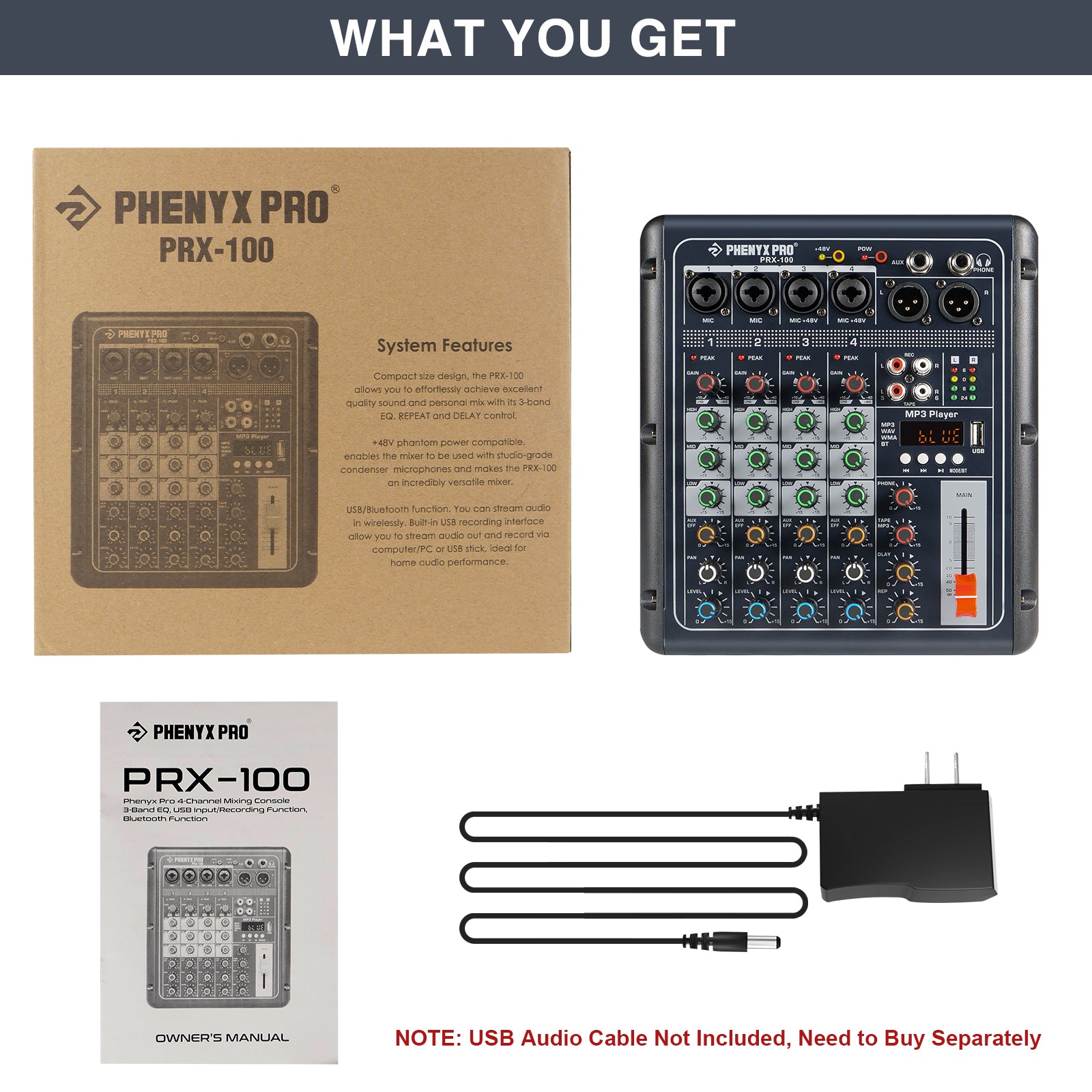 Phenyx Pro PRX-100 Audio Mixer, ideal for studio rehearsal, vlog/Tik Tok/YouTube video, podcasting and music recording