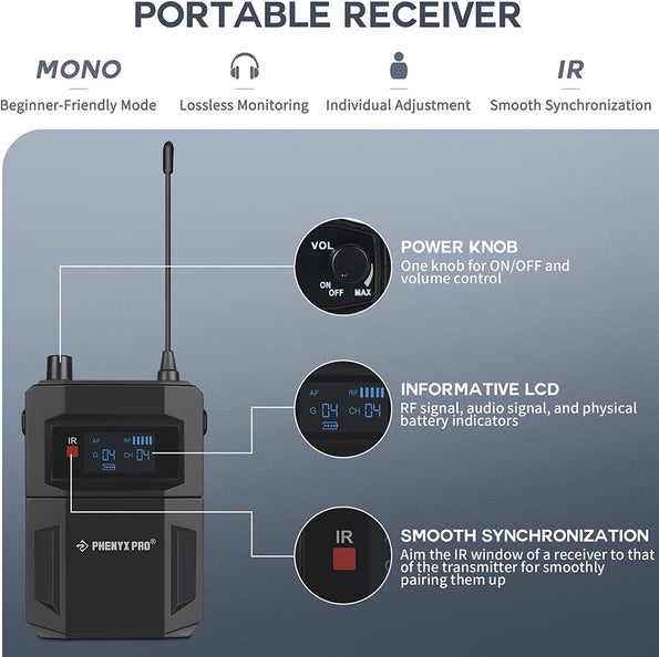 Phenyx Pro UHF MONO Wireless In Ear Monitor System Bodypack Receiver Compatible With PTM-11/22/33