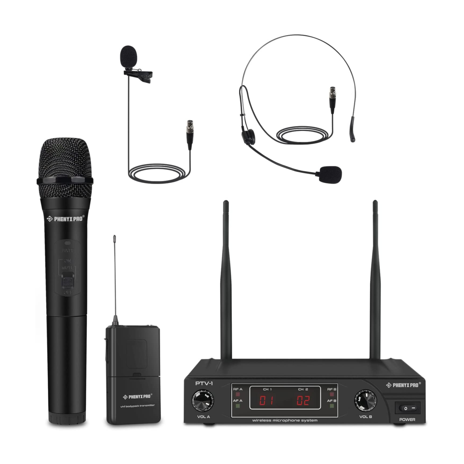 Phenyx Pro PTV-1B Dual VHF Wireless Microphone System with Handheld/Headset/Lapel (Fixed Frequency)