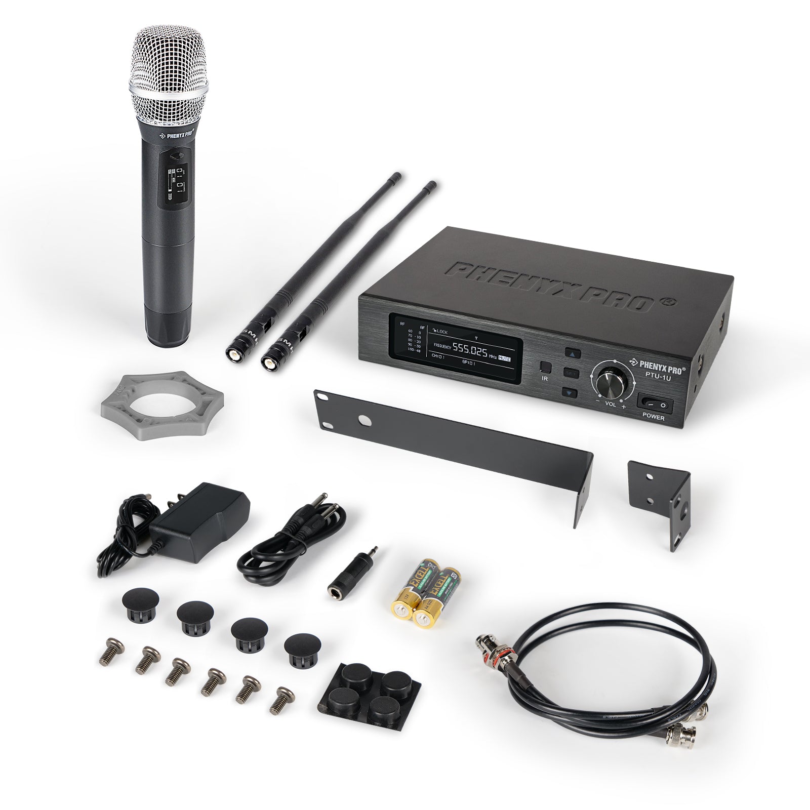 PTU-1U-1H - Black - Professional Dual-Channel Auto-Scan Wireless Microphone System - Flat Lay View of Complete Set - Phenyx Pro