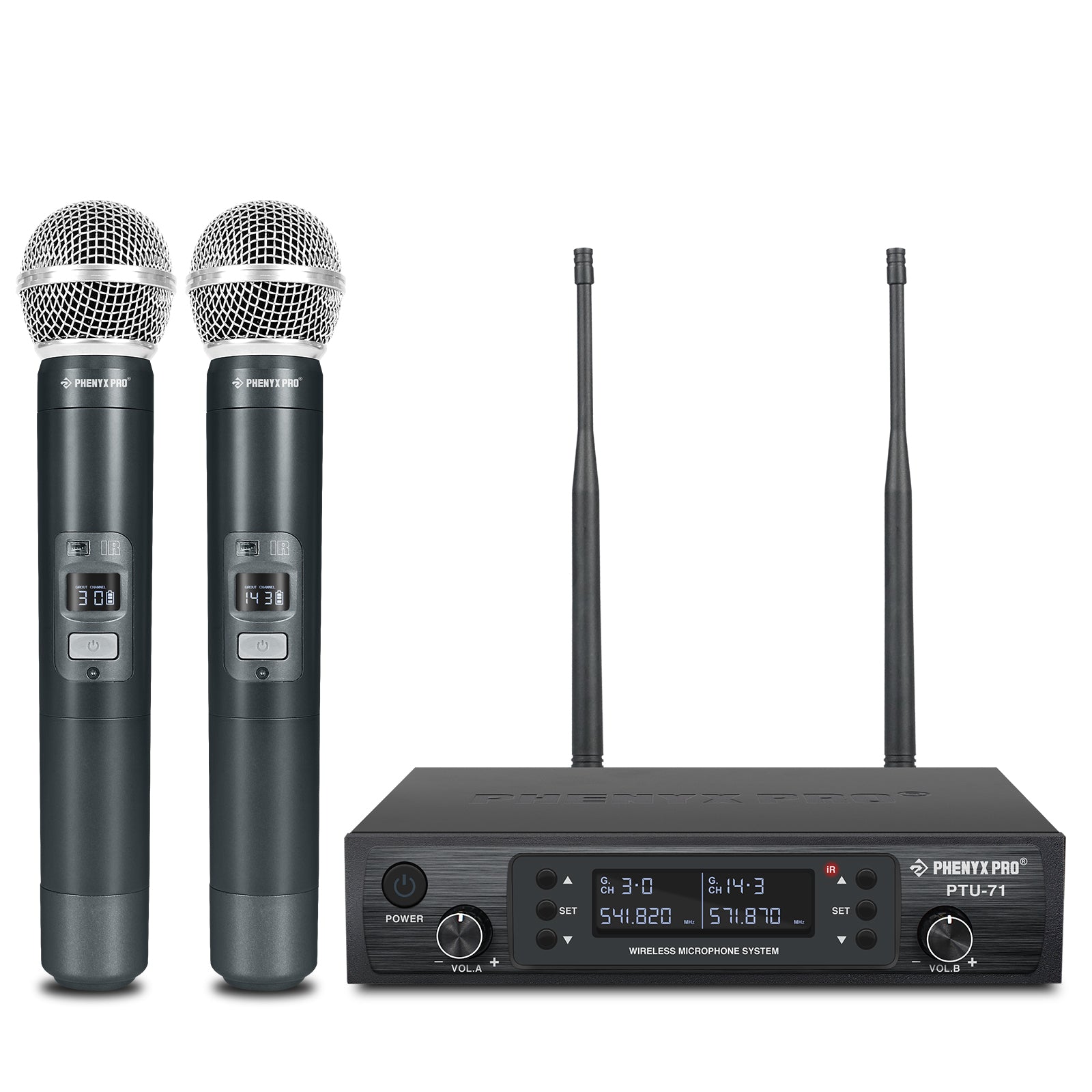 PTU-71-2H - Black - Professional Dual-Channel Auto-Scan Wireless Microphone System - Front - Phenyx Pro