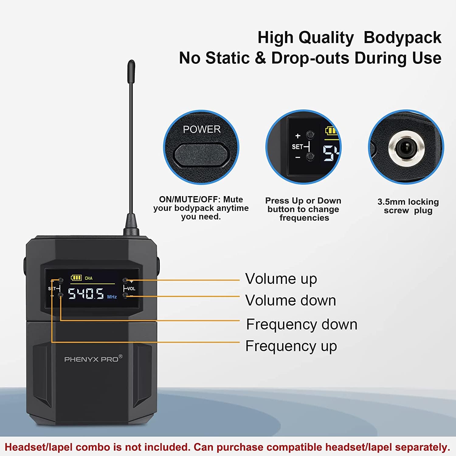 Phenyx Pro Wireless UHF BodyPack Transmitter Compatible With Receiver PTU-5200