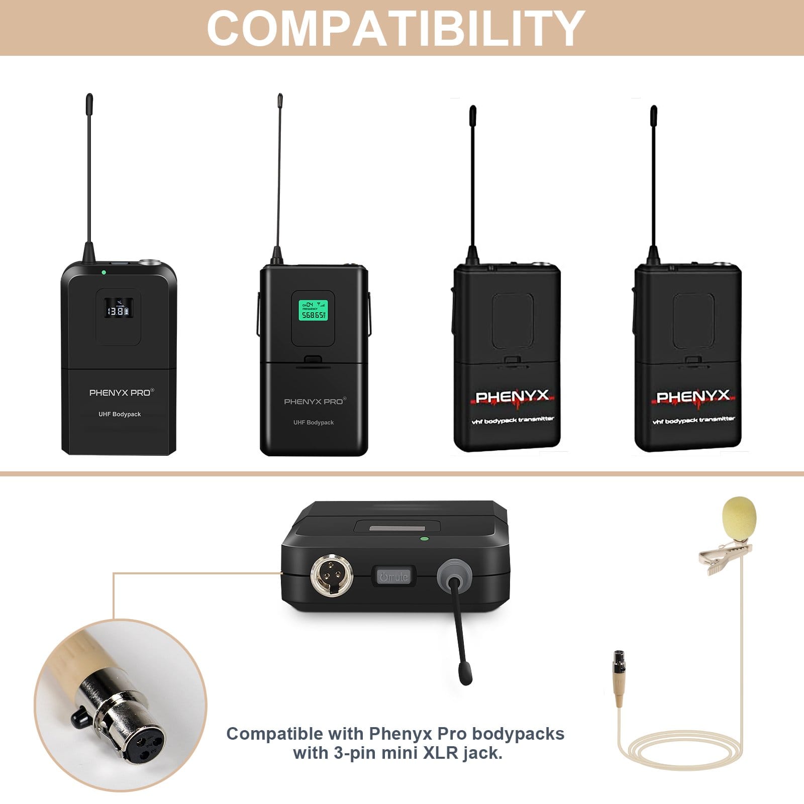 Phenyx Pro Beige Color Lavalier Lapel & Headset Mic Combo with 3 Pin Mini XLR Jack