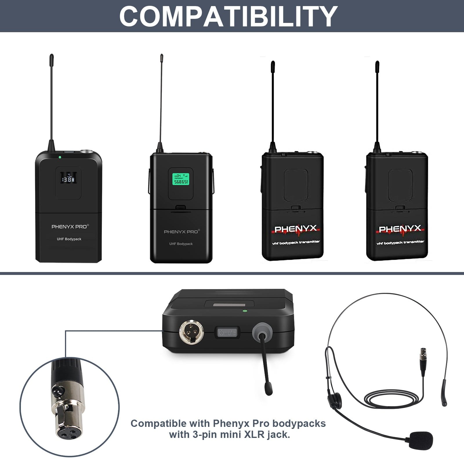 Phenyx Pro Black Headset Microphone Combo With 3 Pin Mini XLR Jack (Pack of 2)